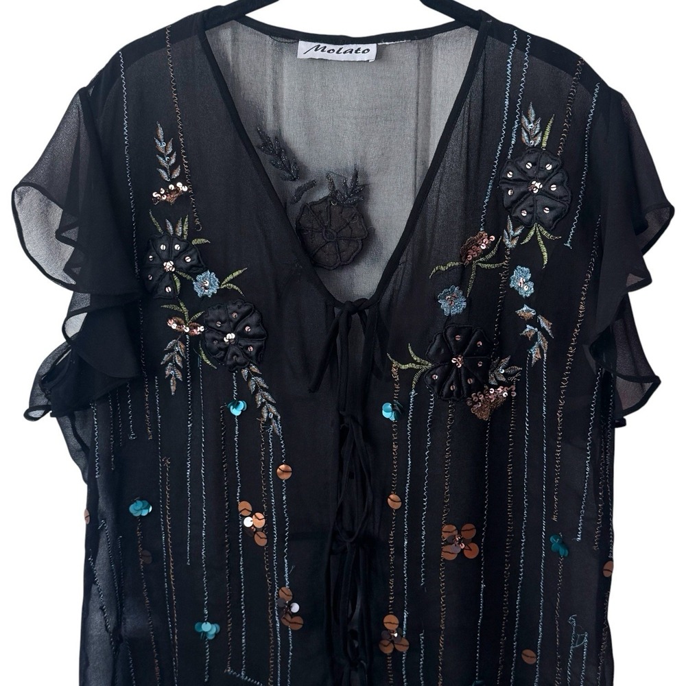 Y2K Molato Black Sheer Floral Sequin Tiefront Cardigan Whimsical Ethereal XL/XXL - Picture 3 of 12